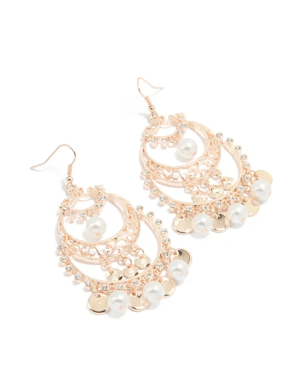 Rose Gold Pearl Diamante Cut Out Patterned Drop Earrings sold by lovisa