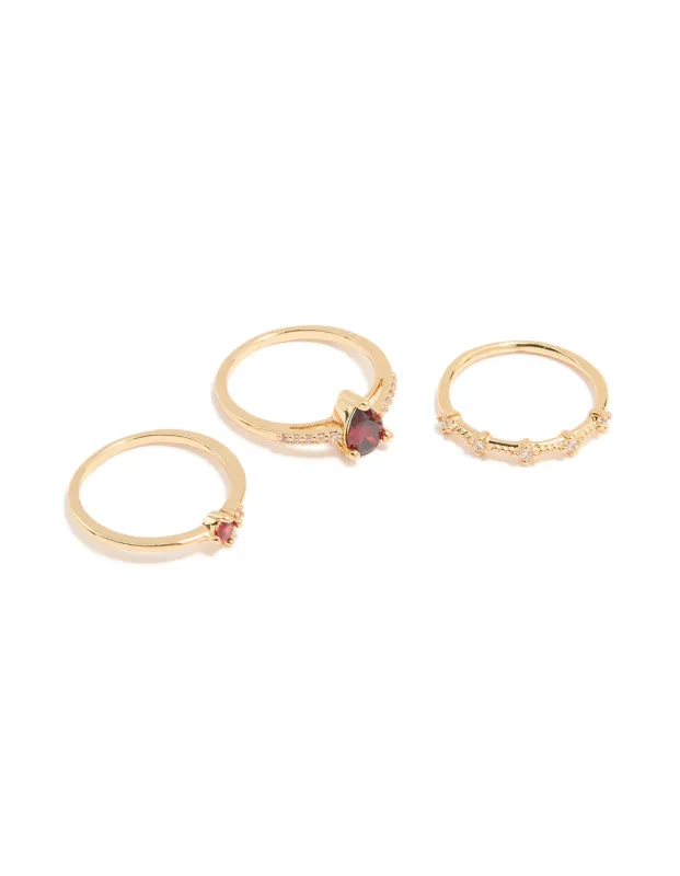 Gold Plated Red Cubic Zirconia Elegant Pear Stacking Rings 3-Pack sold by lovisa