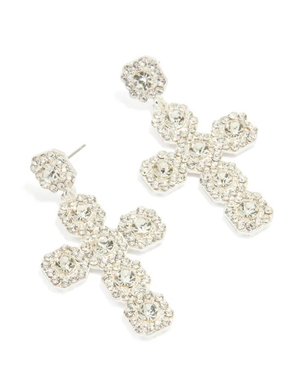 Silver Diamante Cross Drop Stud Earrings sold by lovisa