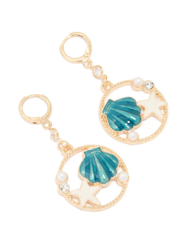Gold Round Star & Shell Earrings sold by lovisa