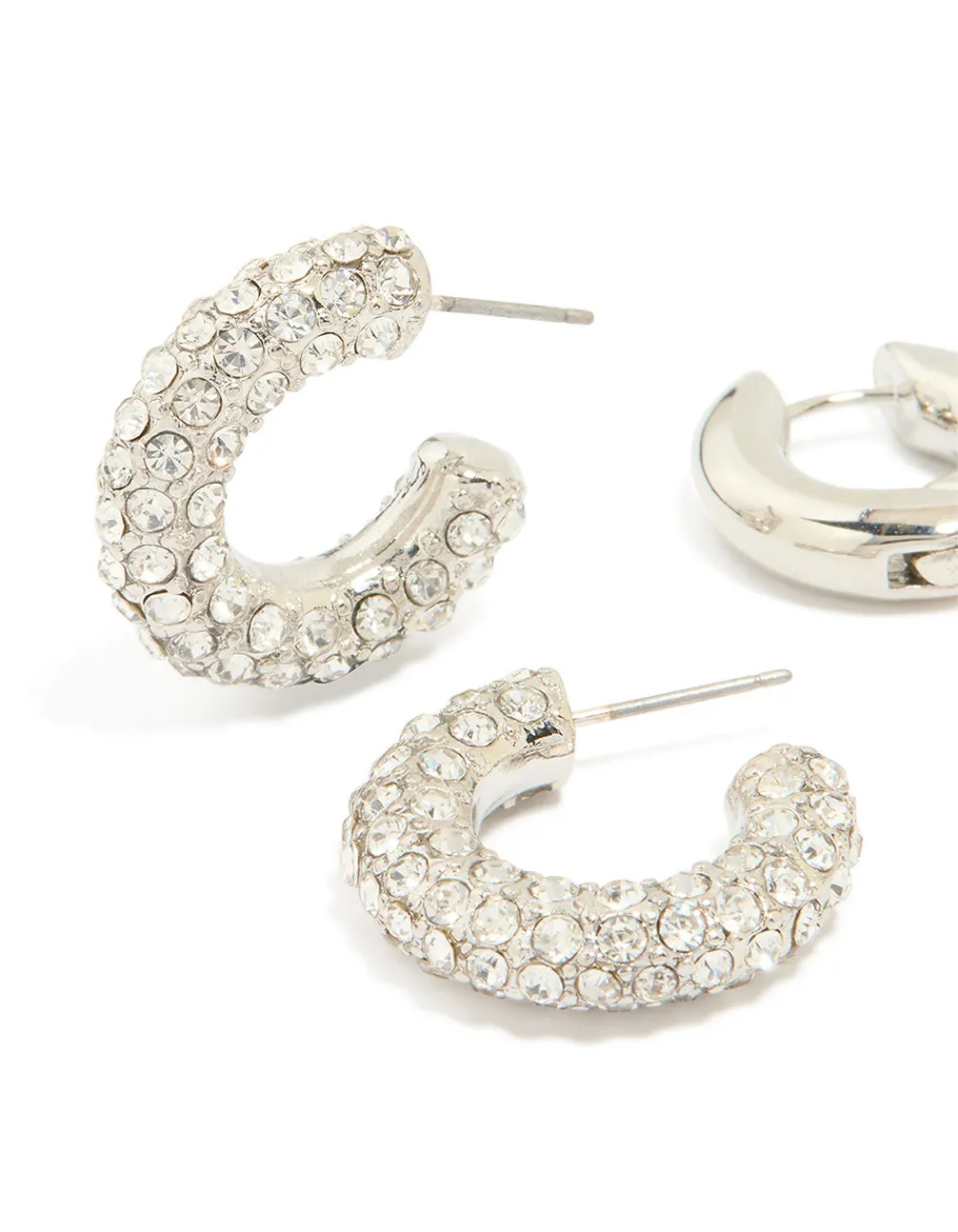 Silver Diamante Hoop & Smooth Huggie Earrings 2-Pack sold by lovisa product image thumbnail 2