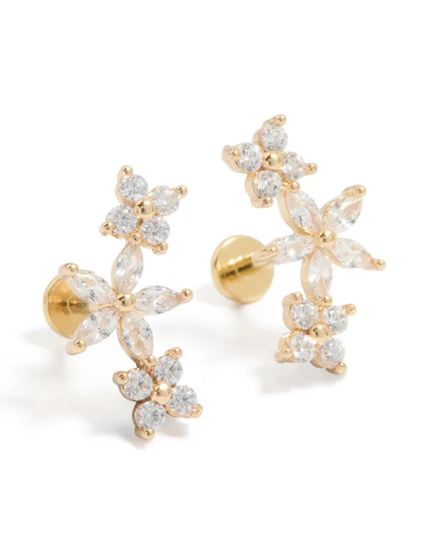 Gold Plated Surgical Steel Cubic Zirconia Flower Claw Flat Back Studs 2-Pack sold by lovisa