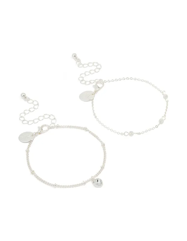 Silver Heart Charm & Stone Bracelets 2-Pack sold by lovisa