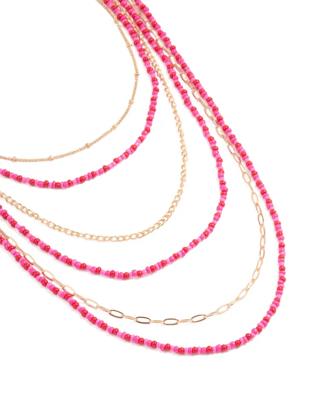 Gold Pink Beaded Layered Necklace sold by lovisa