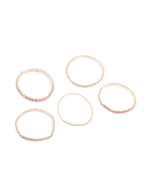 Rose Gold Pink & Clear Diamante Cup Chain Stretch Bracelets 5-Pack sold by lovisa