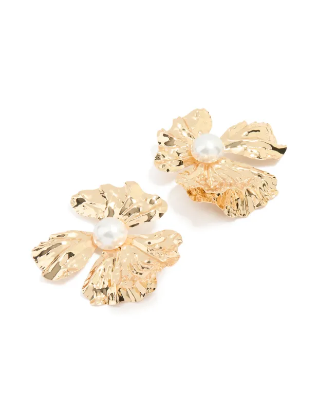 Gold Pearl Centre Molten Flower Stud Earrings sold by lovisa