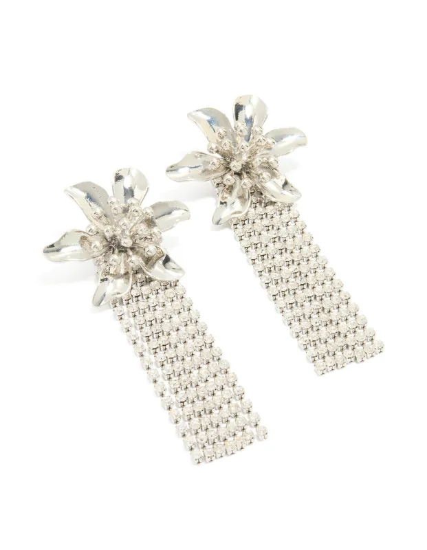 Silver Diamante Flower Drop Fringe Earrings sold by lovisa