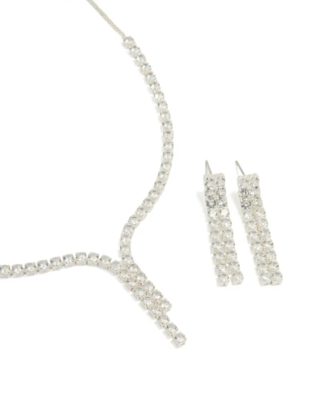 Silver Cubic Zirconia Y-Necklace & Cup Chain Earrings Set sold by lovisa