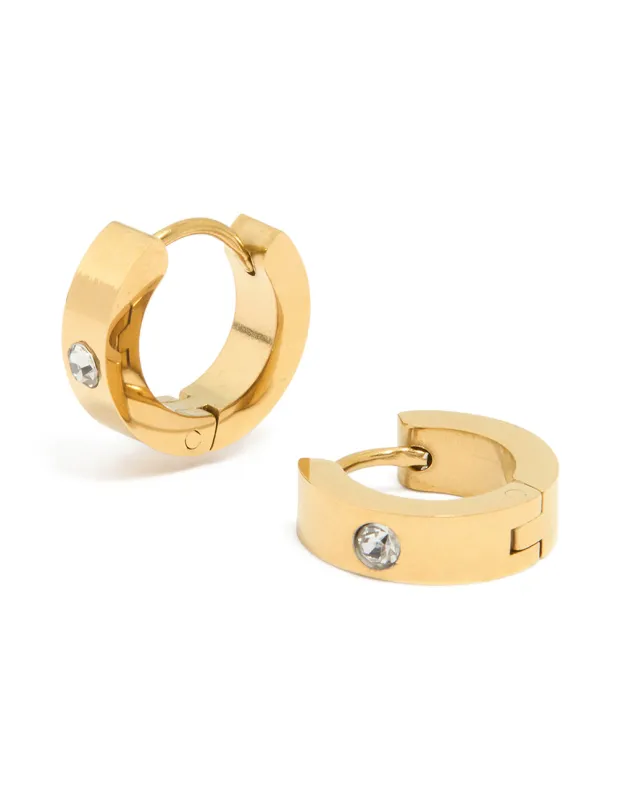 Waterproof Gold Plated Stainless Steel Cubic Zirconia Huggie Earrings 10 MM sold by lovisa
