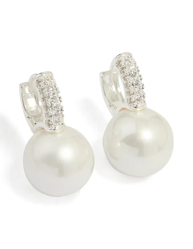 Silver Plated Large Pearl Drop Cubic Zirconia Huggie Earrings sold by lovisa
