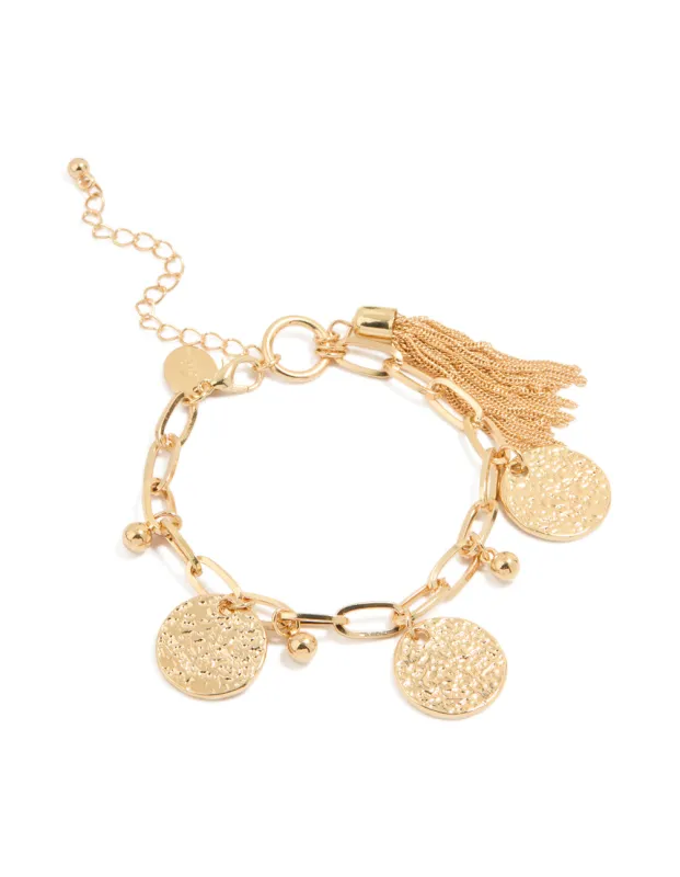 Gold Tassel & Textured Coin Charm Bracelet sold by lovisa