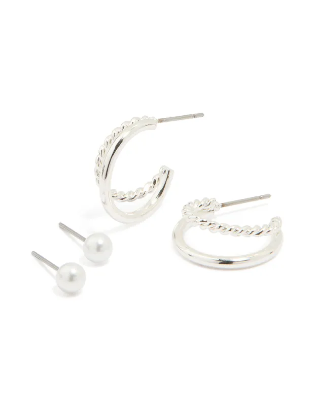 Silver Pearl Stud & Twisted Double Hoop Earrings 2-Pack sold by lovisa