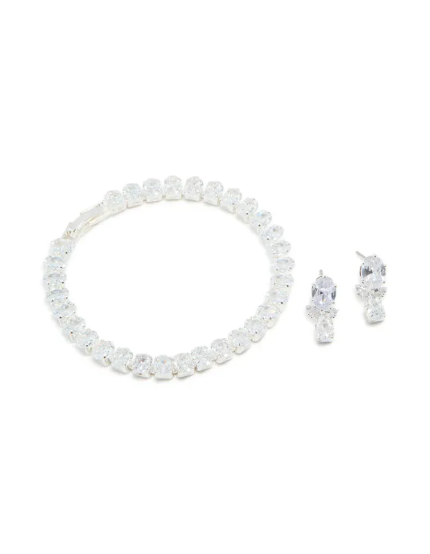 Silver Cubic Zirconia Tennis Bracelet & Teardrop Earrings Set sold by lovisa