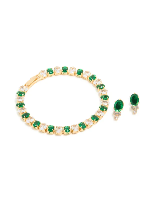 Gold Plated Green Cubic Zirconia Tennis Bracelet & Earrings Set sold by lovisa
