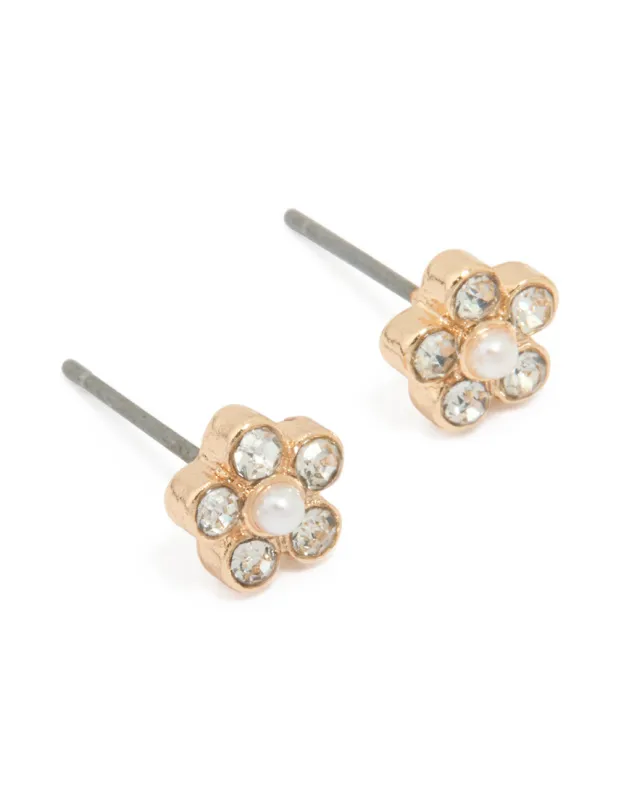 Gold Diamante Pearl Flower Stud Earrings sold by lovisa