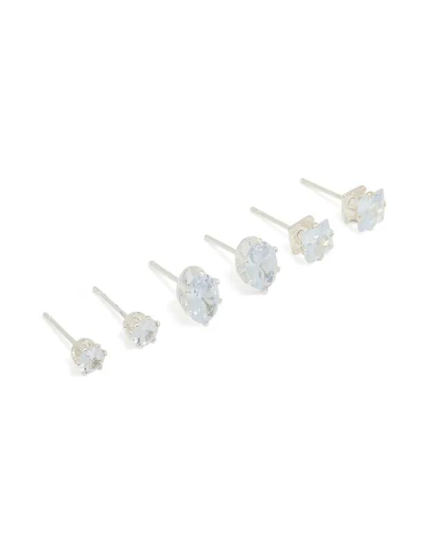 Silver Diamante Mixed Stud Earrings 3-Pack sold by lovisa