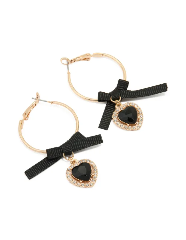 Gold Black Diamante Bow & Heart Drop Earrings sold by lovisa