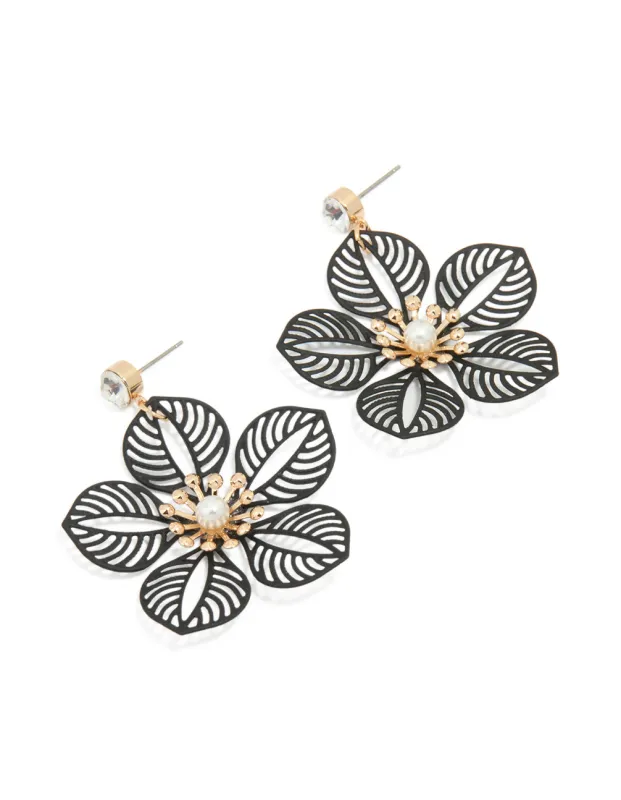 Gold Diamante Pearl Black Filigree Flower Drop Earrings sold by lovisa