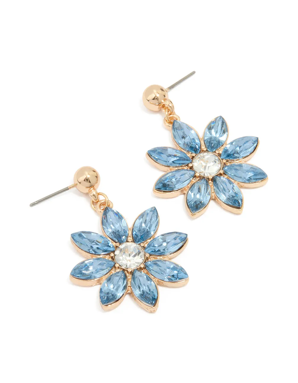 Gold Blue Diamante Flower Drop Earrings sold by lovisa
