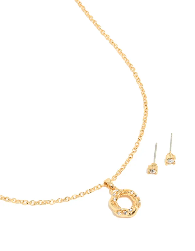 Gold Plated Diamante Knotted Necklace & Stud Earrings Set sold by lovisa