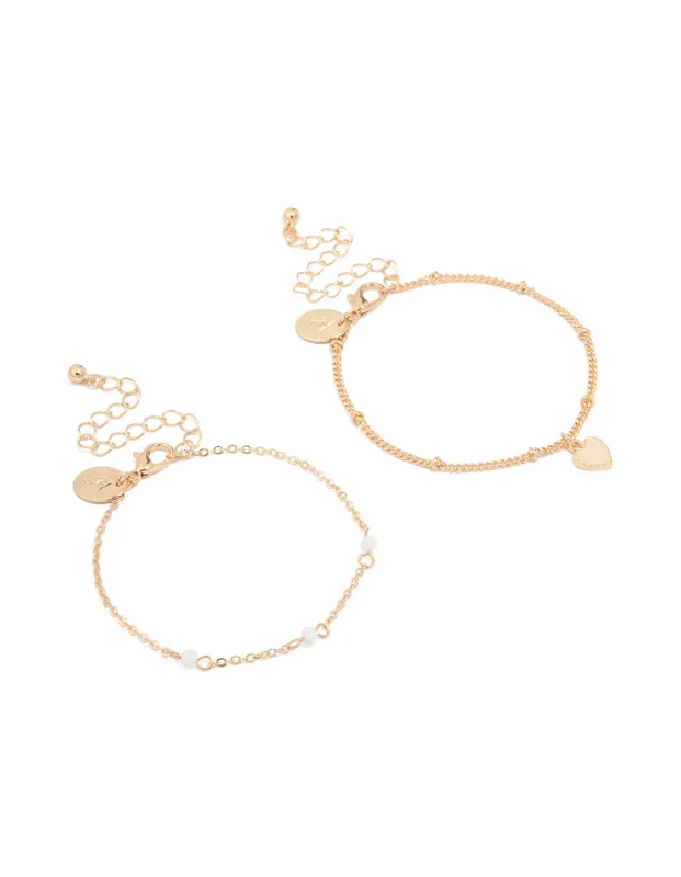 Gold White Stone & Heart Charm Bracelets 2-Pack sold by lovisa