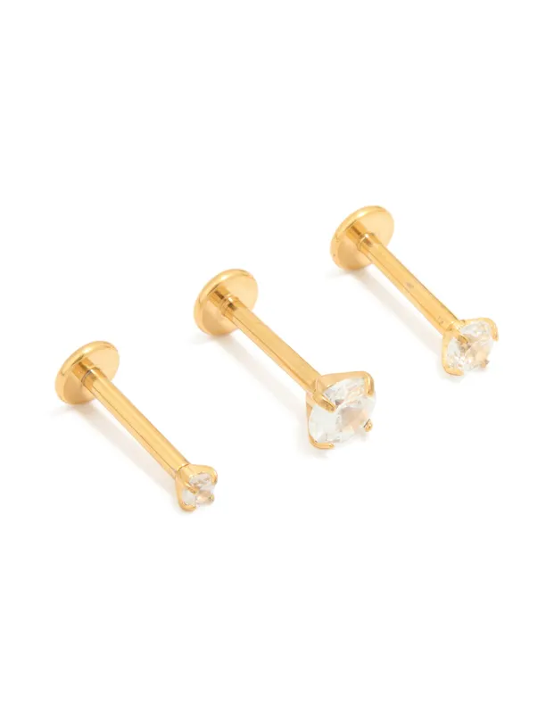 Gold Plated Titanium Cubic Zirconia & Plain Flat Back Studs 3-Pack sold by lovisa