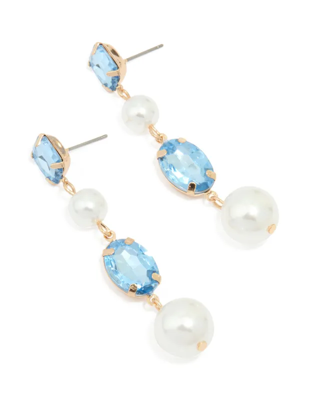 Gold Blue Diamante Pearl Long Drop Earrings sold by lovisa