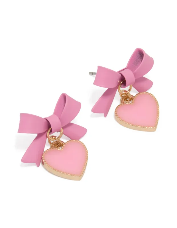Gold Pink Coated Metal Bow Drop Heart Stud Earrings sold by lovisa