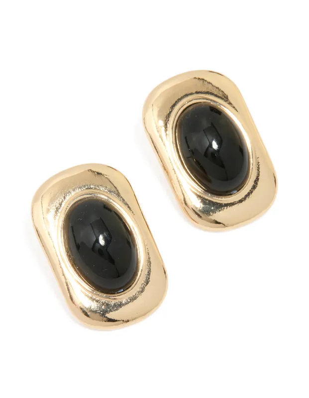 Gold Black Stone Oval Stud Earrings sold by lovisa