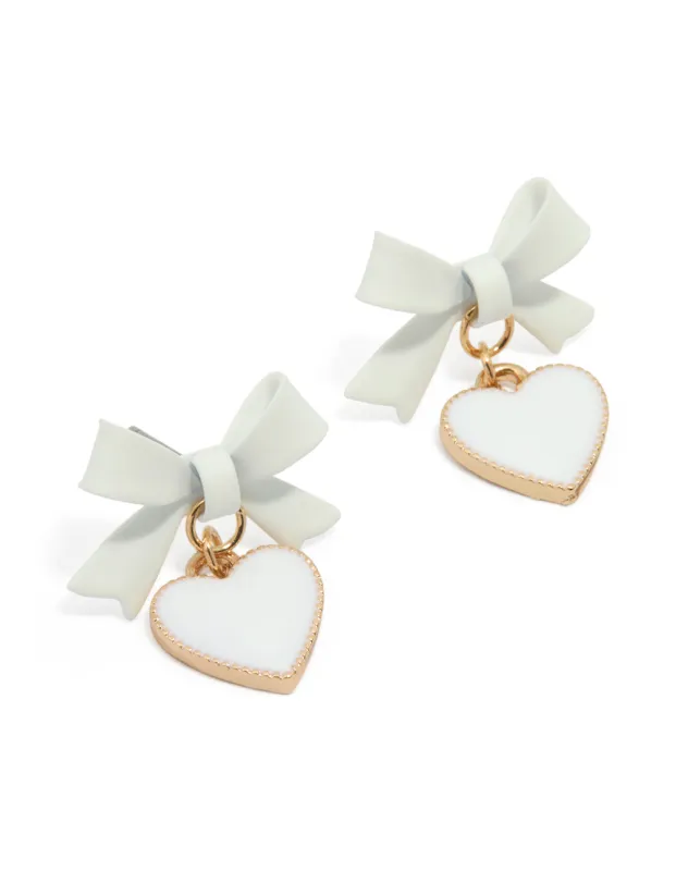 Gold White Coated Metal Bow Drop Heart Stud Earrings sold by lovisa