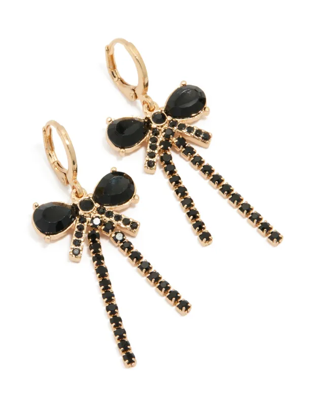 Gold Black Diamante Cupchain & Bow Drop Earrings sold by lovisa
