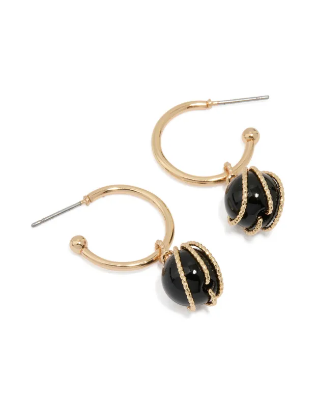 Gold Black Pearl Wire Wrap Hoop Earrings sold by lovisa
