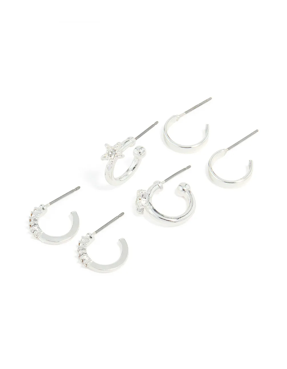Silver Diamante Star & Smooth Hoop Earrings 3-Pack sold by lovisa