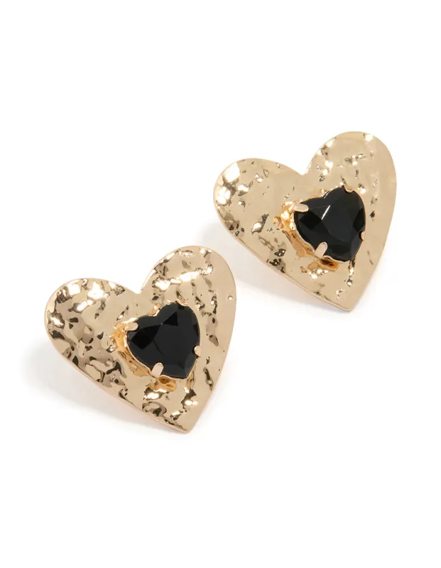 Gold Black Diamante Center Heart Stud Earrings sold by lovisa