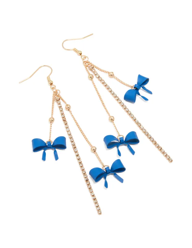 Gold Blue Bow Chain Drop Earrings sold by lovisa