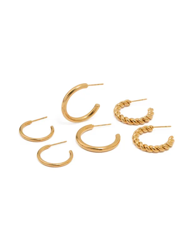 Waterproof Gold Plated Stainless Steel Twisted & Smooth  Hoop Earrings 3-Pack sold by lovisa