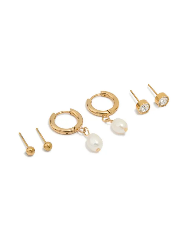 Waterproof Gold Plated Stainless Steel Freshwater Pearl Huggie & Stud Earrings 3-Pack sold by lovisa