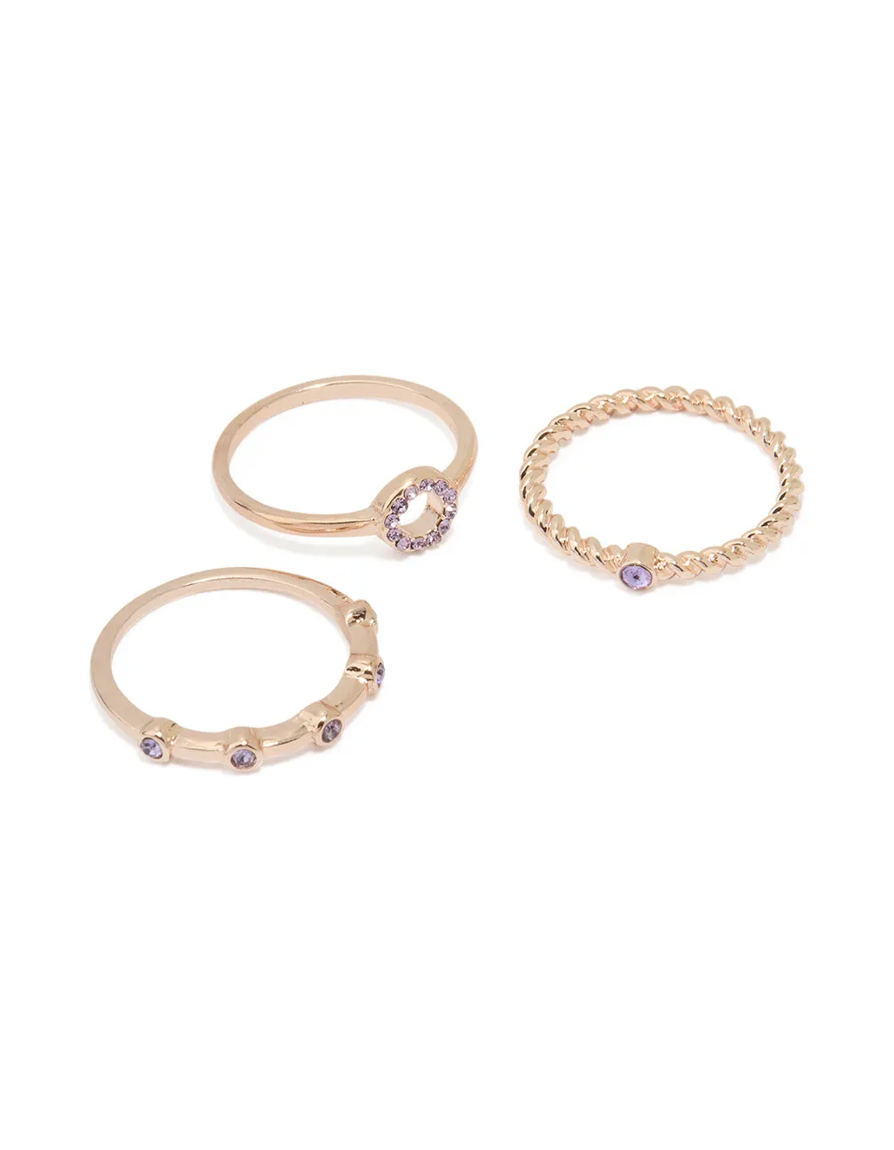 Rose Gold Purple Diamante Rings 3-Pack sold by lovisa