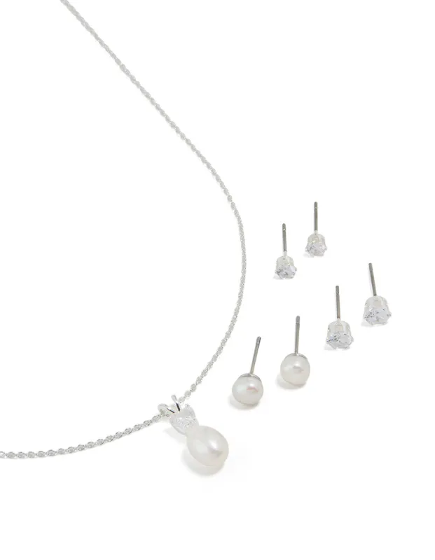 Silver Cubic Zirconia Freshwater Pearl Stud Necklace & Earrings Set sold by lovisa