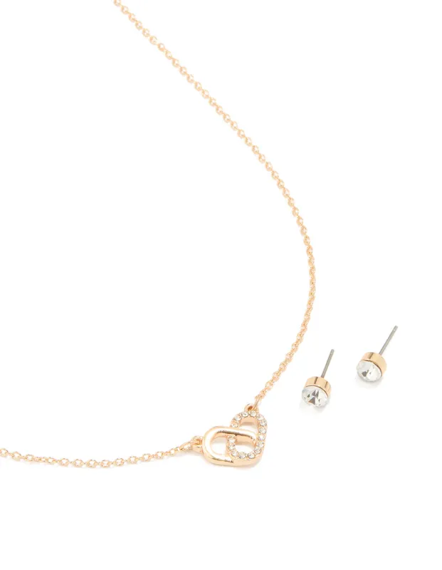 Gold Overlapping Heart Necklace & Diamante Earrings Set sold by lovisa