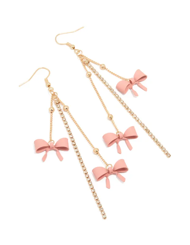 Gold Pink Bow Chain Drop Earrings sold by lovisa
