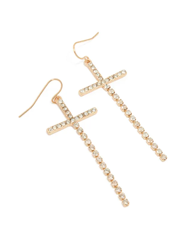 Gold Diamante Drop Cross Earrings sold by lovisa