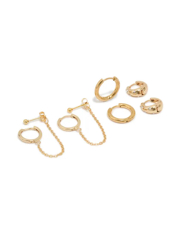 Waterproof Gold Plated Stainless Steel Cubic Zirconia & Sleek Huggie Earrings 3-Pack sold by lovisa