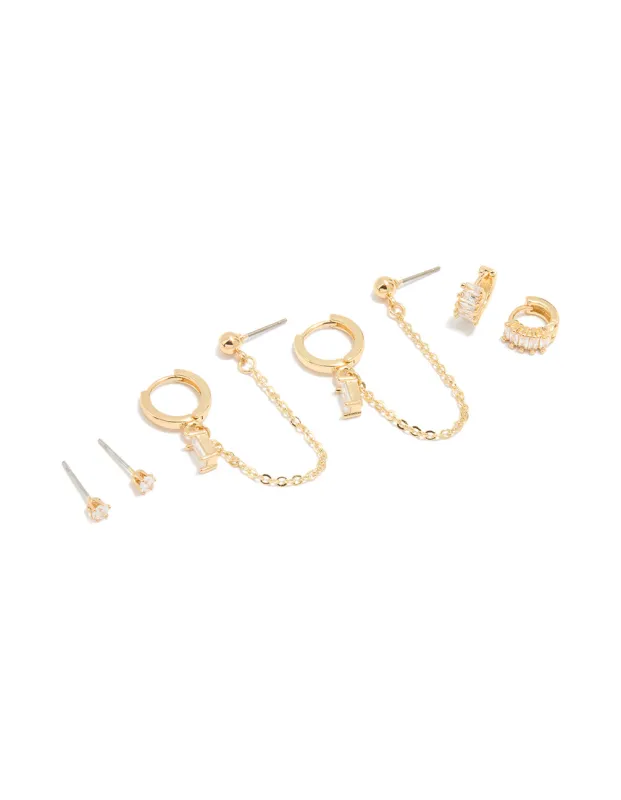 Gold Plated Baguette Huggie & Chain Earrings 4-Pack sold by lovisa