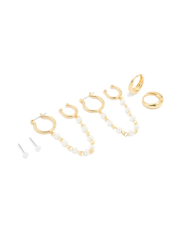 Gold Plated Pearl Chain & Huggie Earrings 3-Pack sold by lovisa