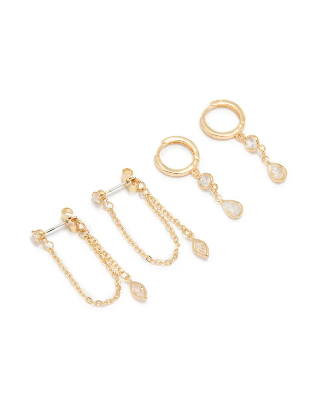 Gold Plated Cubic Zirconia Drop & Chain Earrings 2-Pack sold by lovisa
