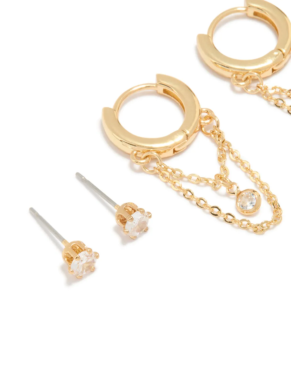 Gold Plated Cubic Zirconia Huggie Chain & Stud Earrings 2-Pack sold by lovisa product image thumbnail 2