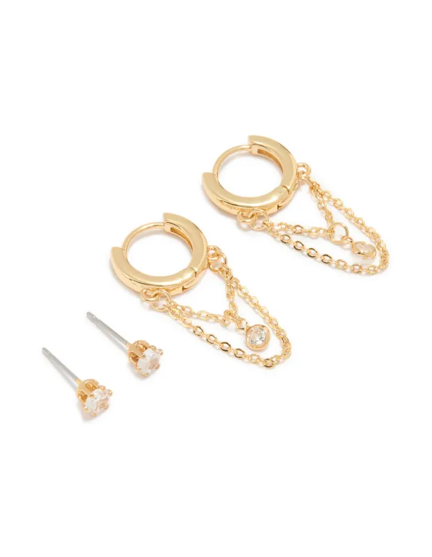 Gold Plated Cubic Zirconia Huggie Chain & Stud Earrings 2-Pack sold by lovisa