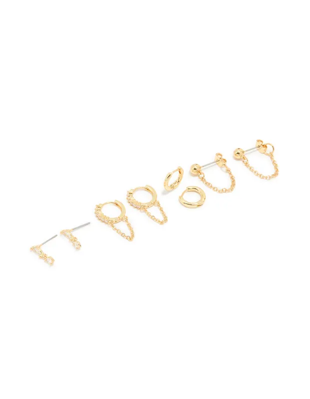 Gold Plated Cubic Zirconia Stud & Chain Huggie Earrings 4-Pack sold by lovisa