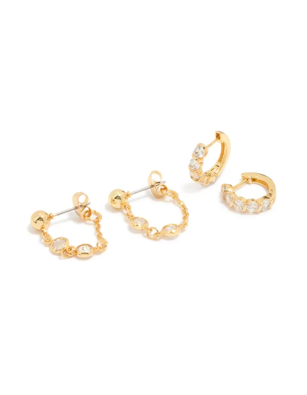Gold Plated Cubic Zirconia Huggie Chain & Stud Earrings 2-Pack sold by lovisa